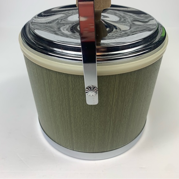 VTG KROMEX ICE BUCKET METAL&GREEN GRAIN COLOR WOODEN HANDLE & KNOB W/ICE TONGS - Picture 6 of 14